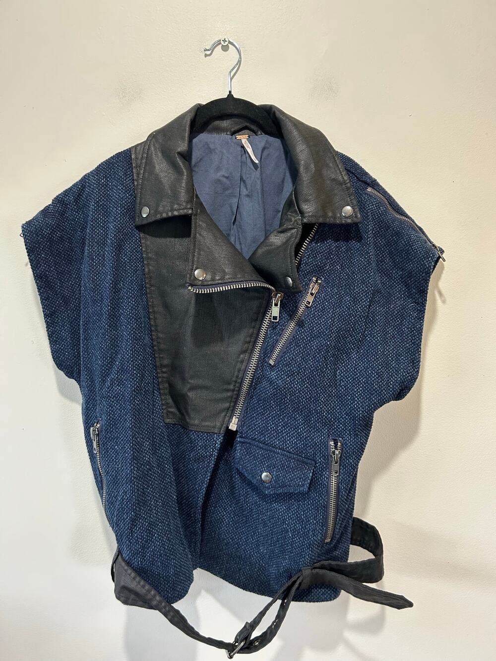 Free People "Pieced Together" Moto vest womens L sleeveless zipper denim
